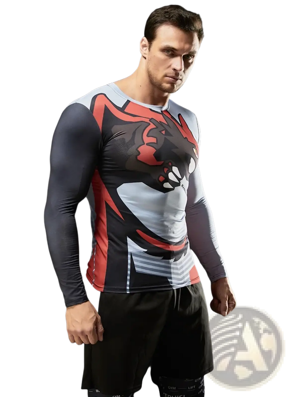 A men’s black red and gray long-sleeved compression basketball shirt with a bold dragon print design
