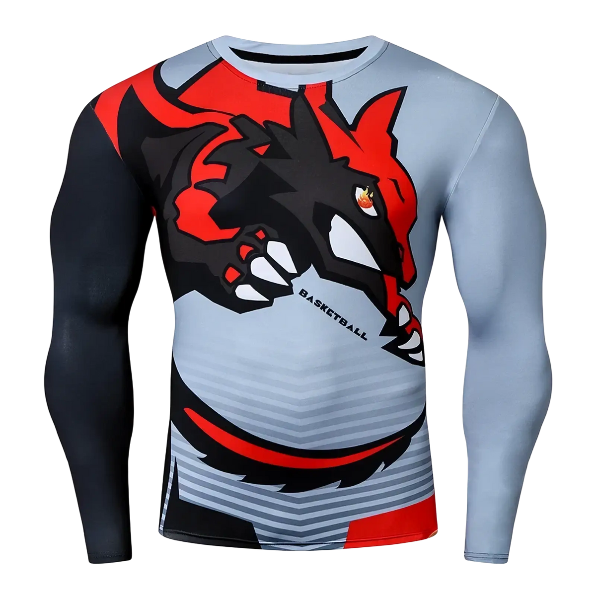A Zeruisi compression basketball long sleeve shirt with bold red and black dragon graphic on light gray base