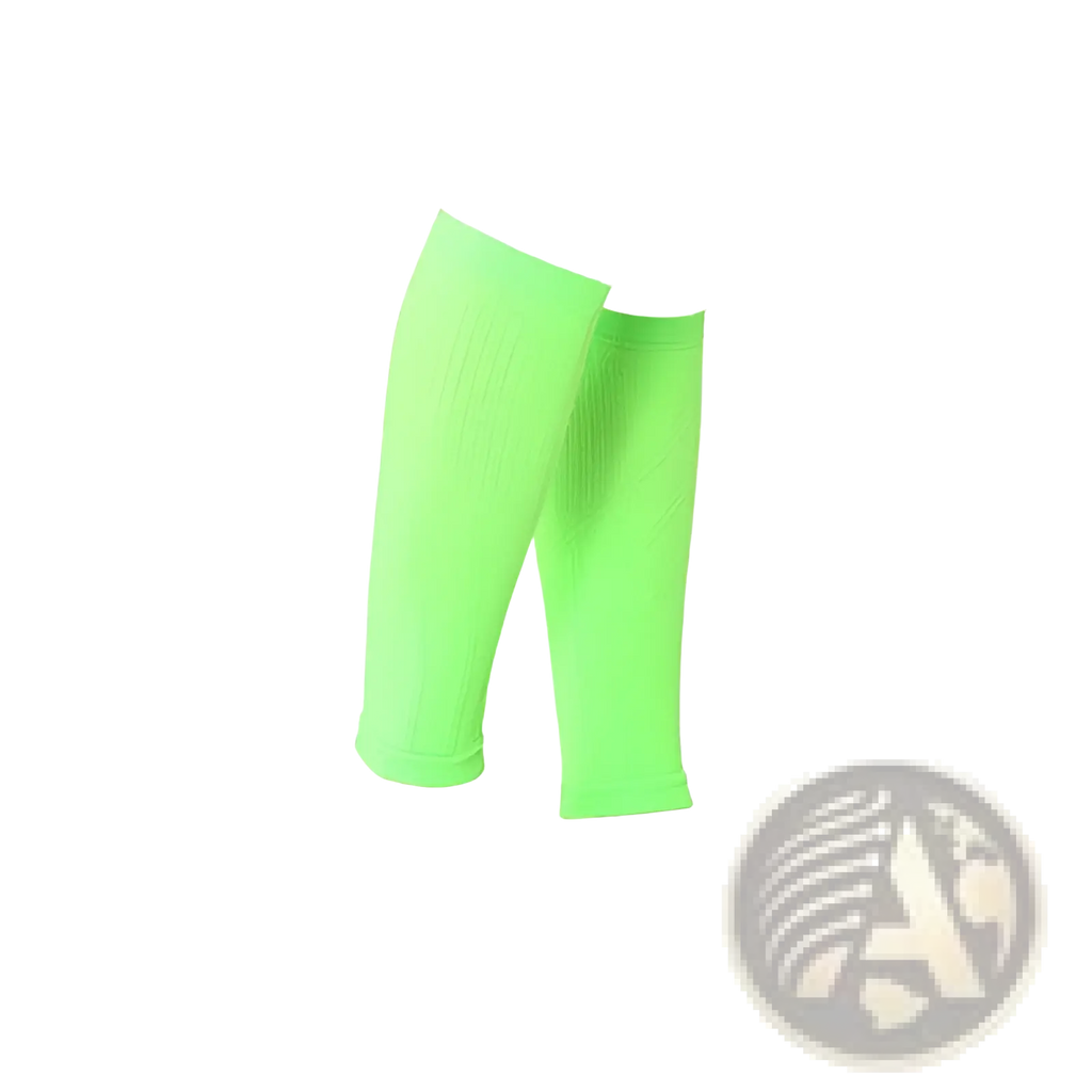 Bright neon green ribbed compression calf sleeves made of breathable fabric for athletic sports support