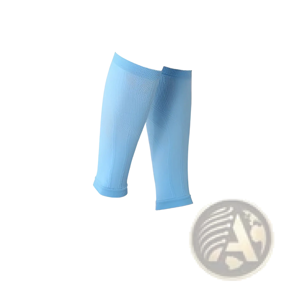 Light blue compression calf sleeves in smooth stretchy fabric with ribbed cuffs for athletic sports support
