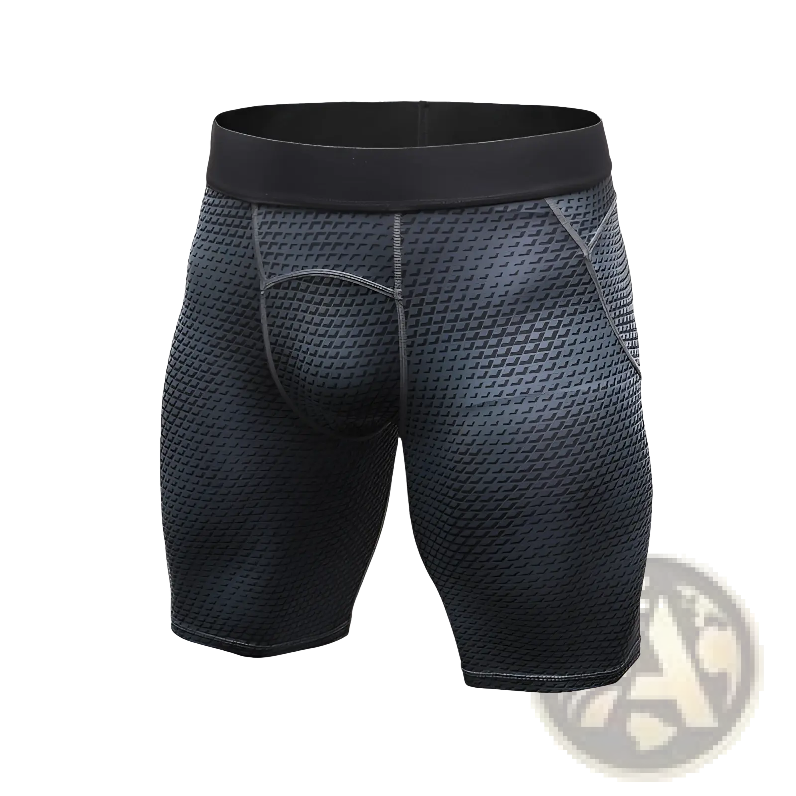 Black compression gym shorts set featuring textured mesh-like pattern and snug-fitting design for athletic use