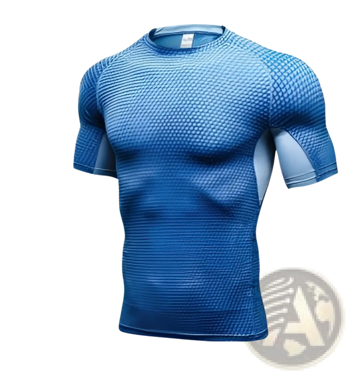Blue mesh-textured compression gym shorts set with subtle gradient and light gray panels on the sleeves