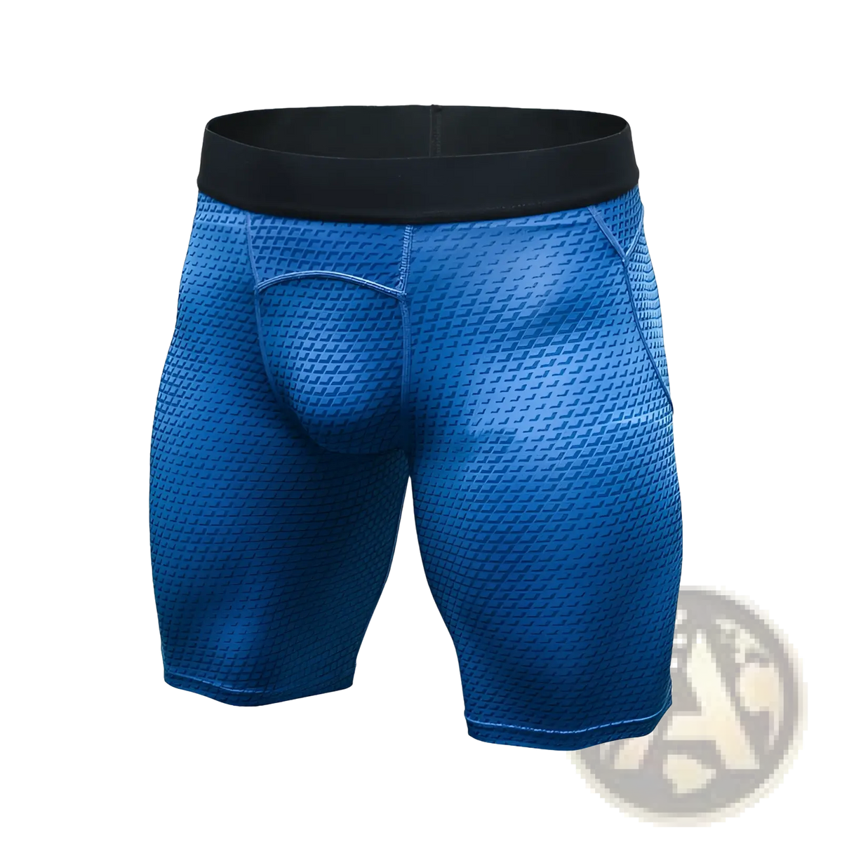 Blue athletic compression gym shorts set with black elastic waistband and textured diamond-patterned fabric