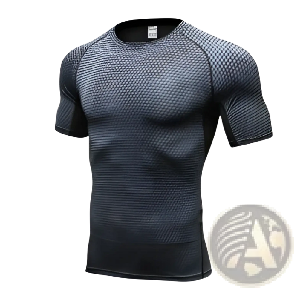 Black compression gym shorts set featuring a textured pattern compression shirt designed for athletic use