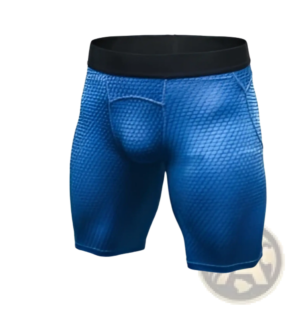 Blue mesh compression gym shorts with black elastic waistband designed for athletic performance and support