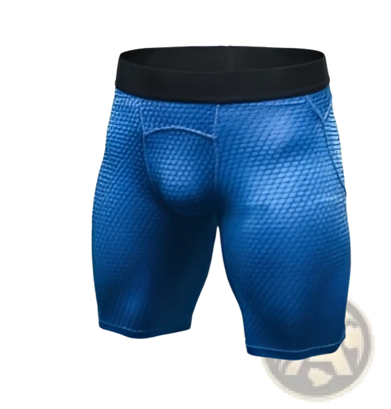Blue mesh compression gym shorts with black elastic waistband designed for athletic performance and support