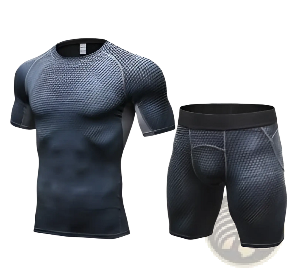 Dark blue and black gradient compression gym shorts set with textured mesh pattern for athletic performance