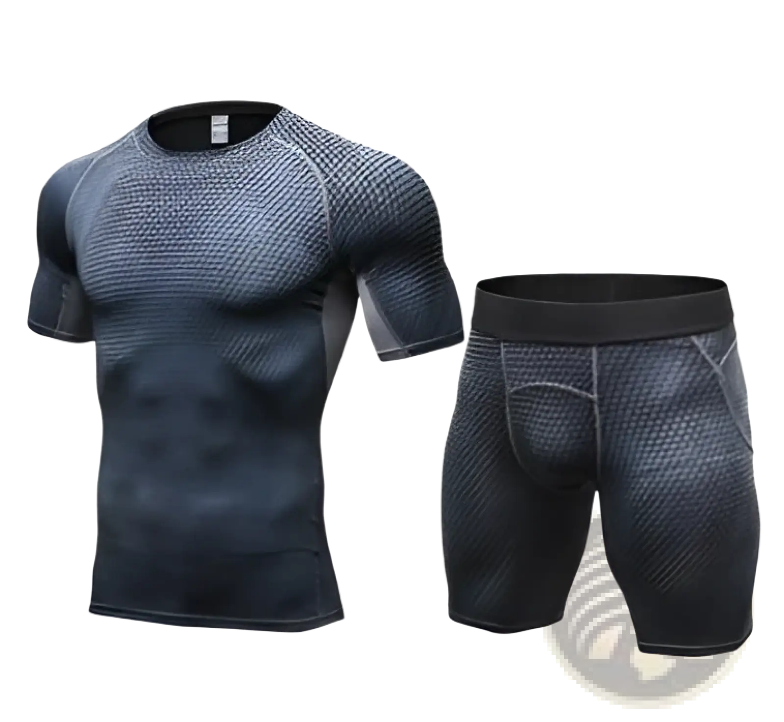 Dark blue and black gradient compression gym shorts set with textured mesh pattern for athletic performance