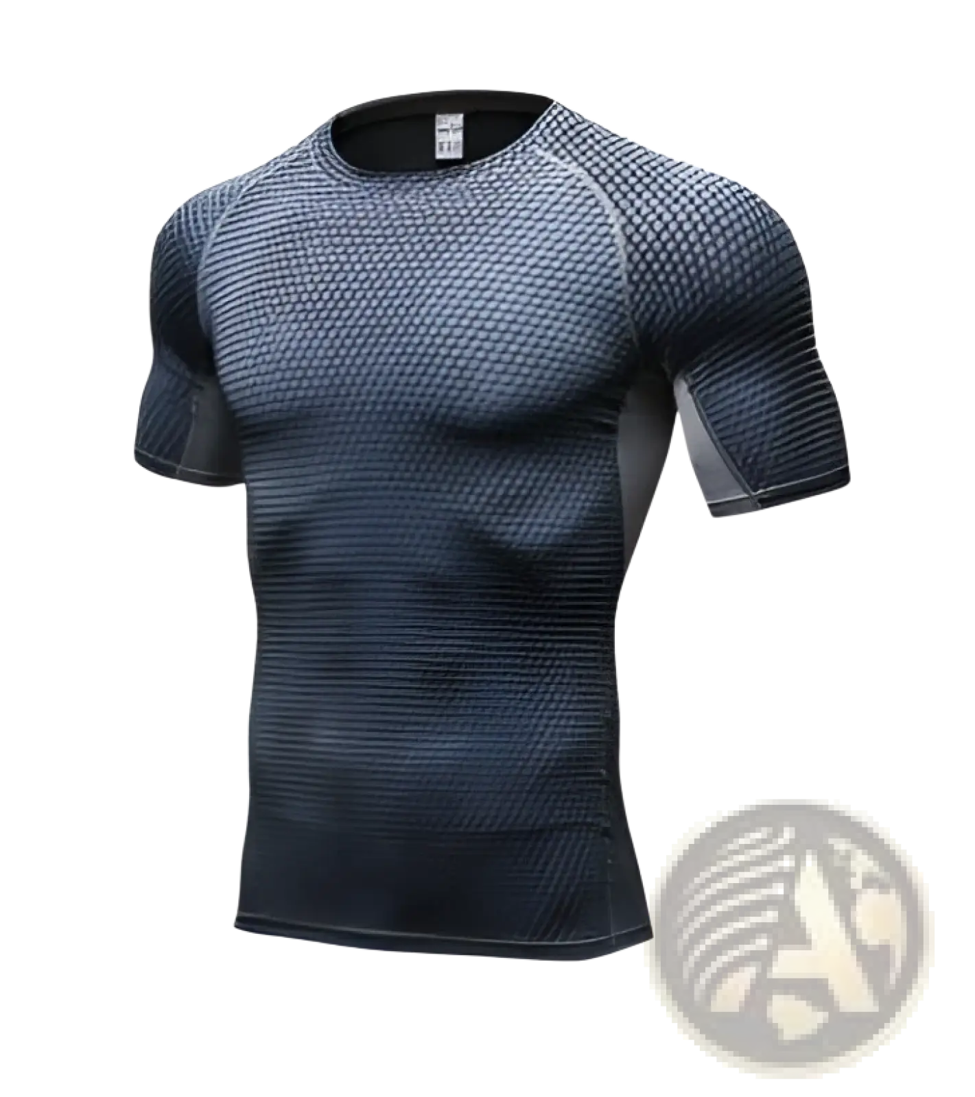 Dark blue form-fitting short sleeve compression shirt with subtle textured pattern for gym shorts set