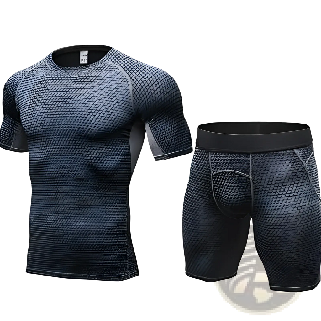 Dark gray compression gym shorts set with textured mesh fabric and subtle black accents on sleeves and waistband
