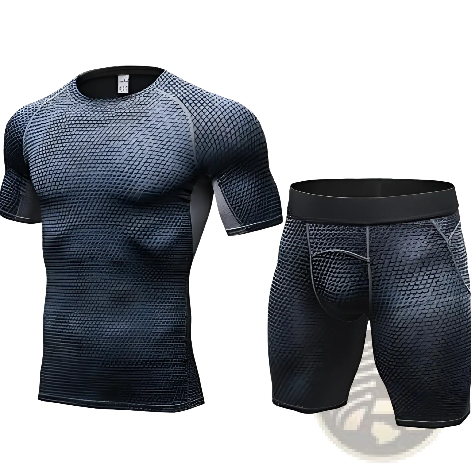 Dark gray compression gym shorts set with textured mesh fabric and subtle black accents on sleeves and waistband