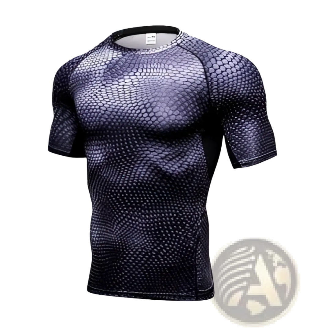 Dark gray and black snake-scale patterned compression shirt from a compression gym shorts set for athletic use