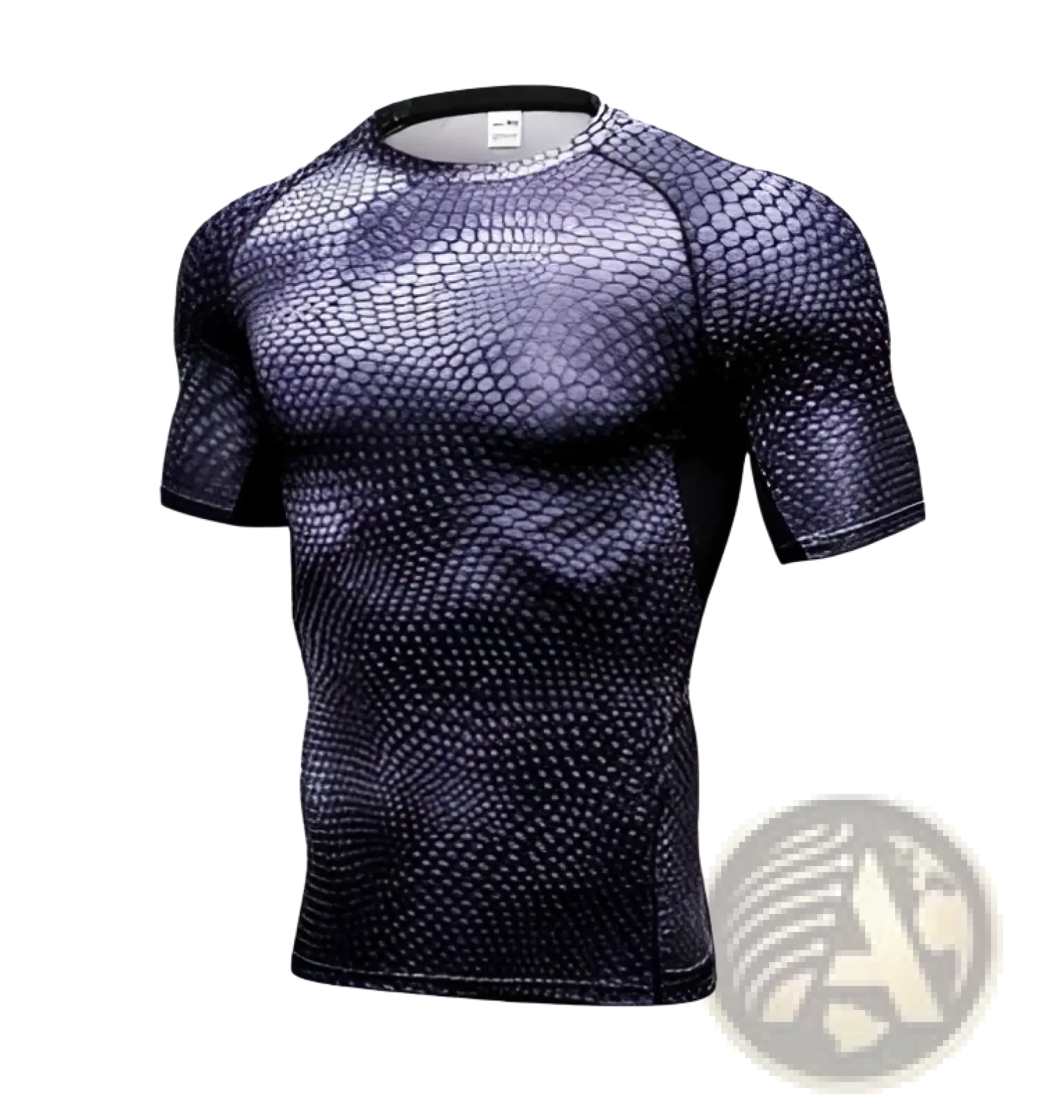 Dark gray and black snake-scale patterned compression shirt from a compression gym shorts set for athletic use