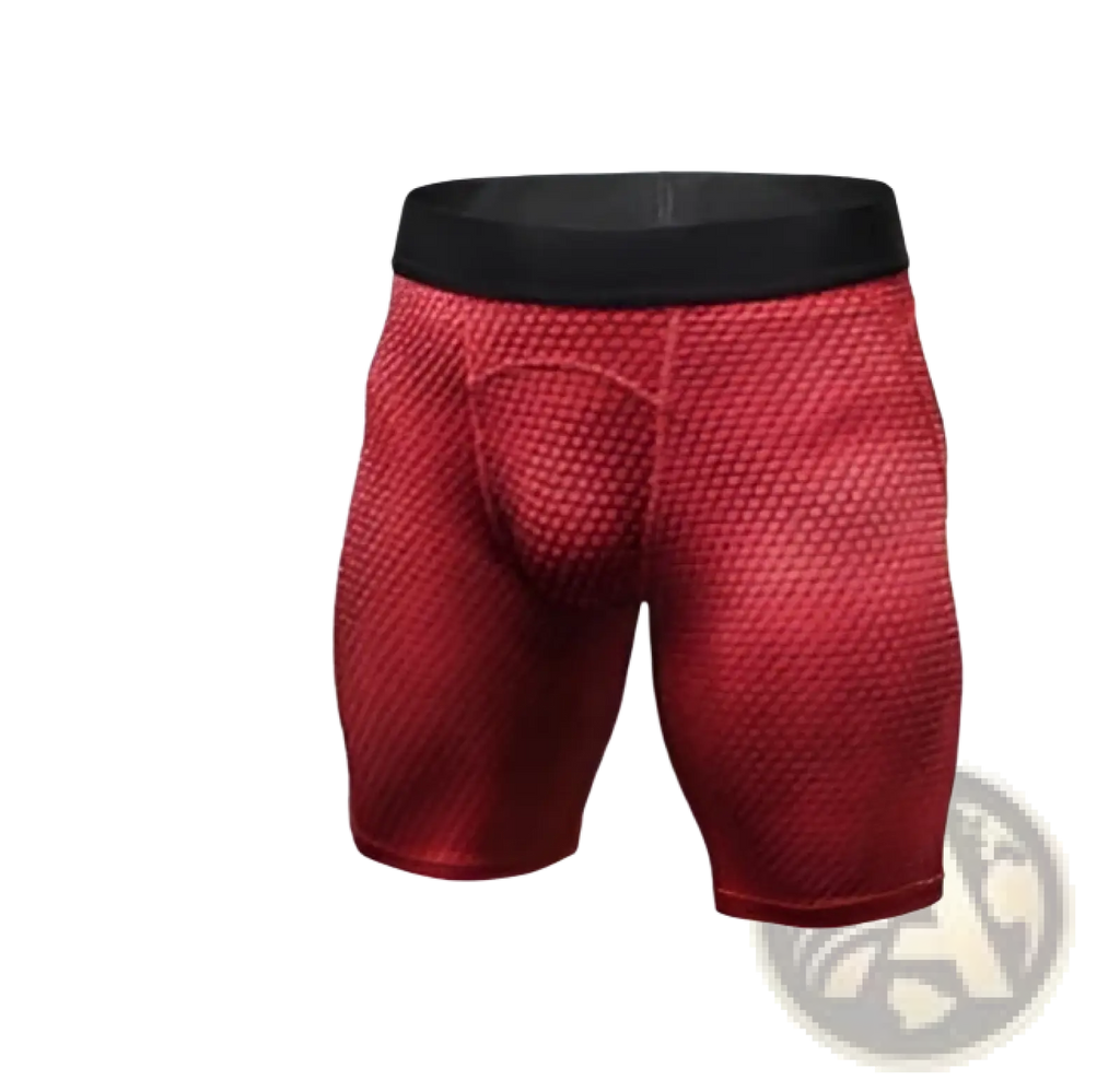 Red mesh compression gym shorts set featuring a black waistband designed for athletic performance