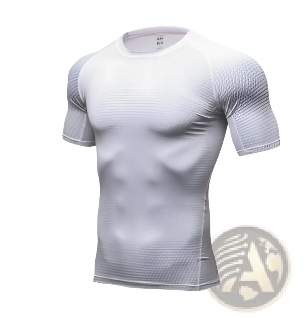 White short-sleeved compression shirt with subtle textured pattern in compression gym shorts set for athletic use