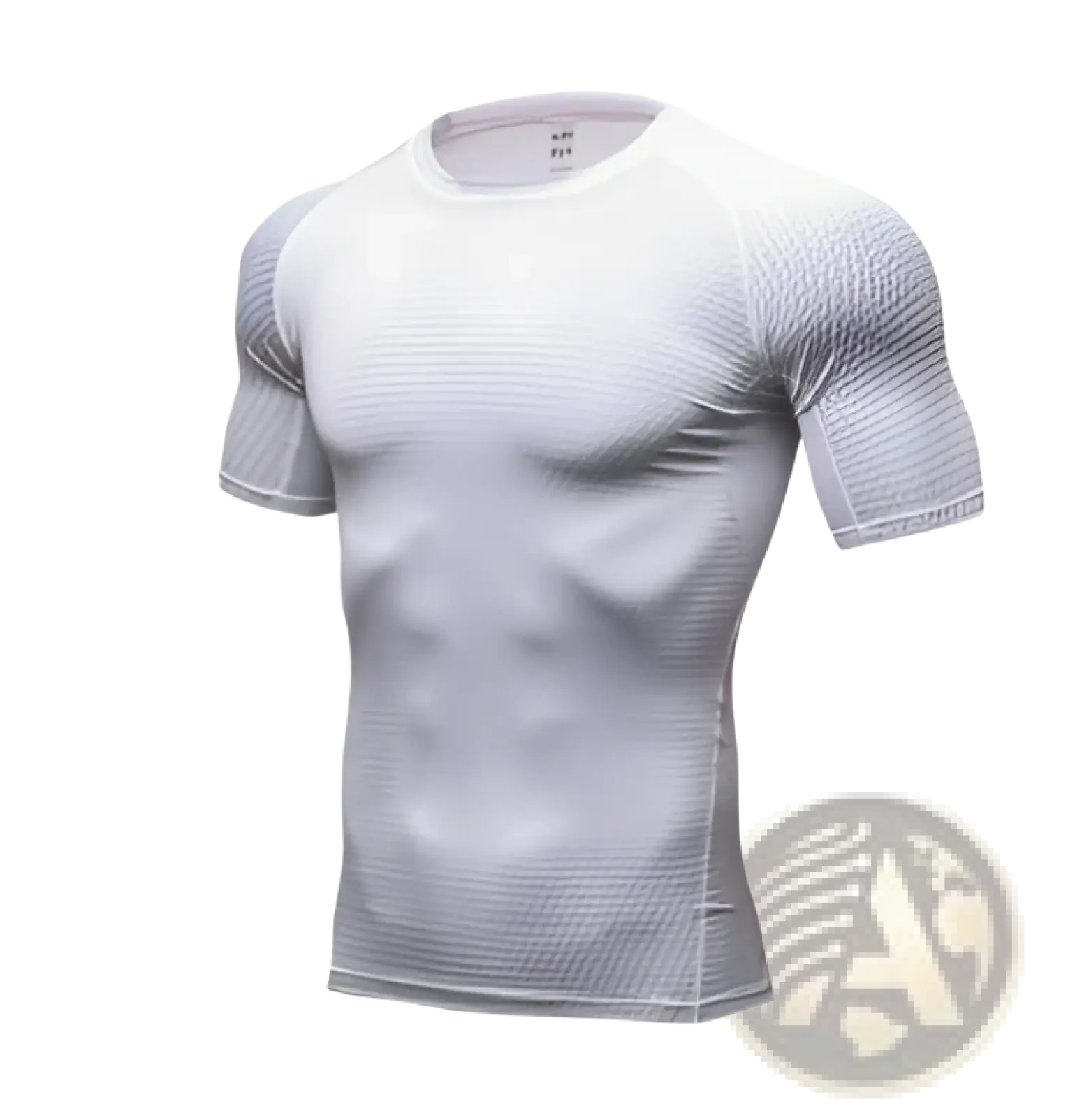 White short-sleeved compression shirt with subtle textured pattern in compression gym shorts set for athletic use