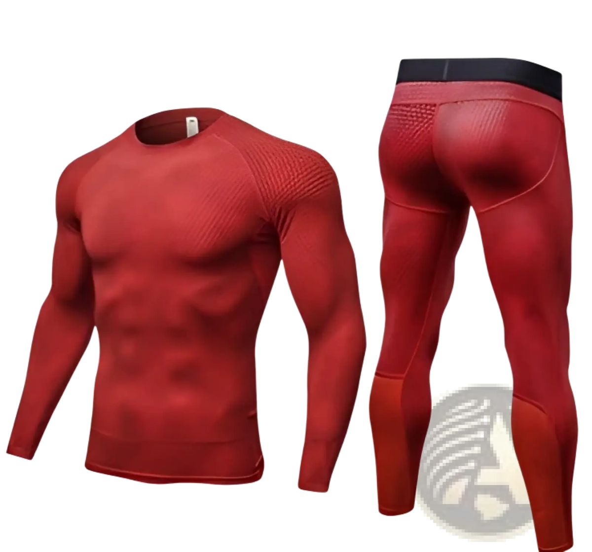 Red mesh athletic compression gym shorts set with black waistband designed for performance and support