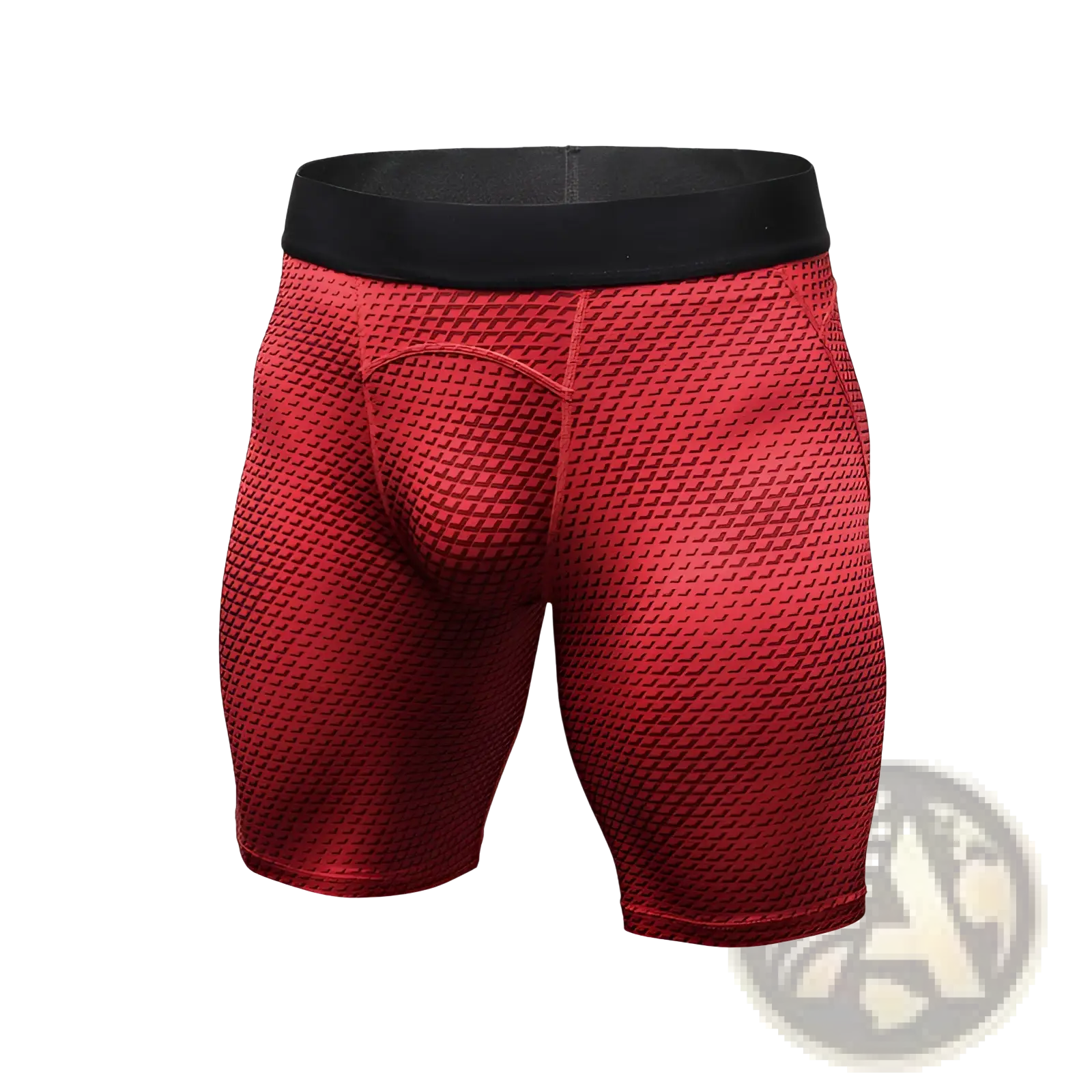 Red compression gym shorts with a black waistband and textured diamond-patterned fabric for athletic use