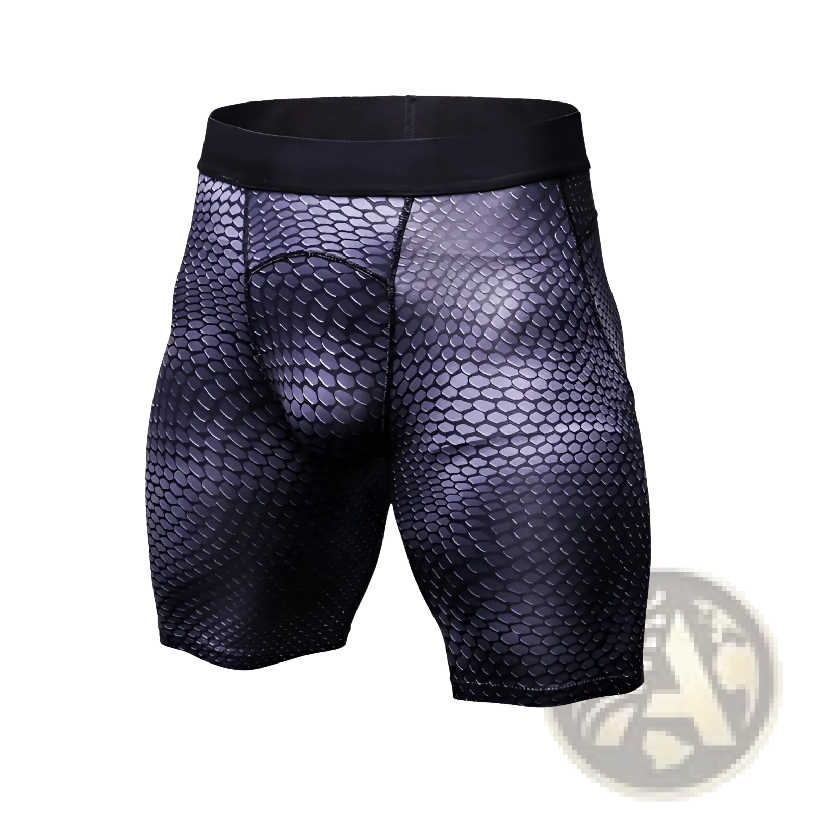 Black and dark gray scale-patterned compression gym shorts with snug-fitting design for athletic performance