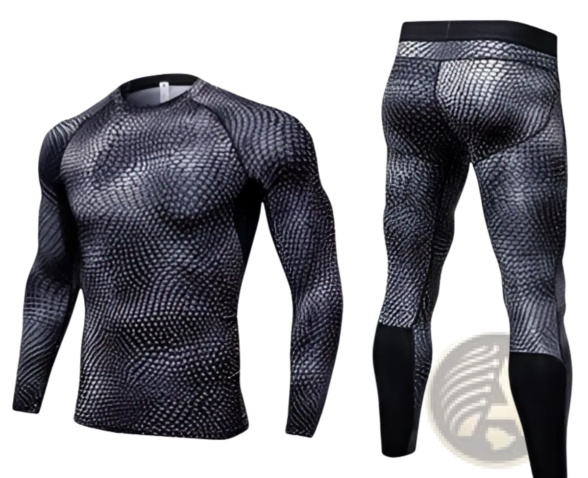 Black and gray scale-patterned compression gym shorts set with mesh-like texture for athletic performance