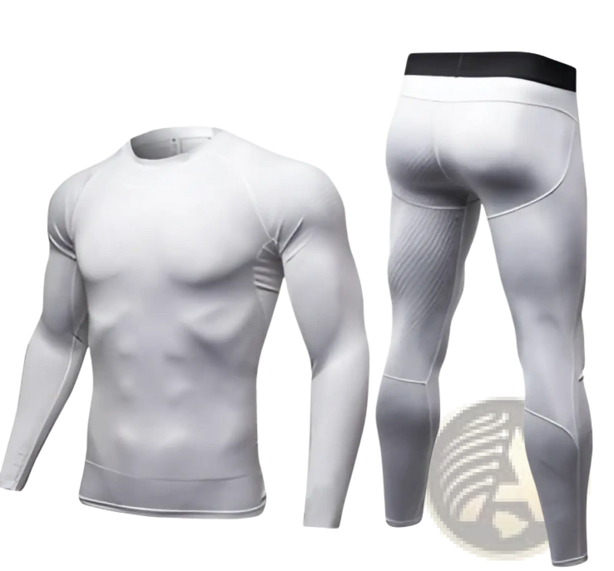 White form-fitting compression gym shorts set with subtle textured pattern and black waistband for athletic use