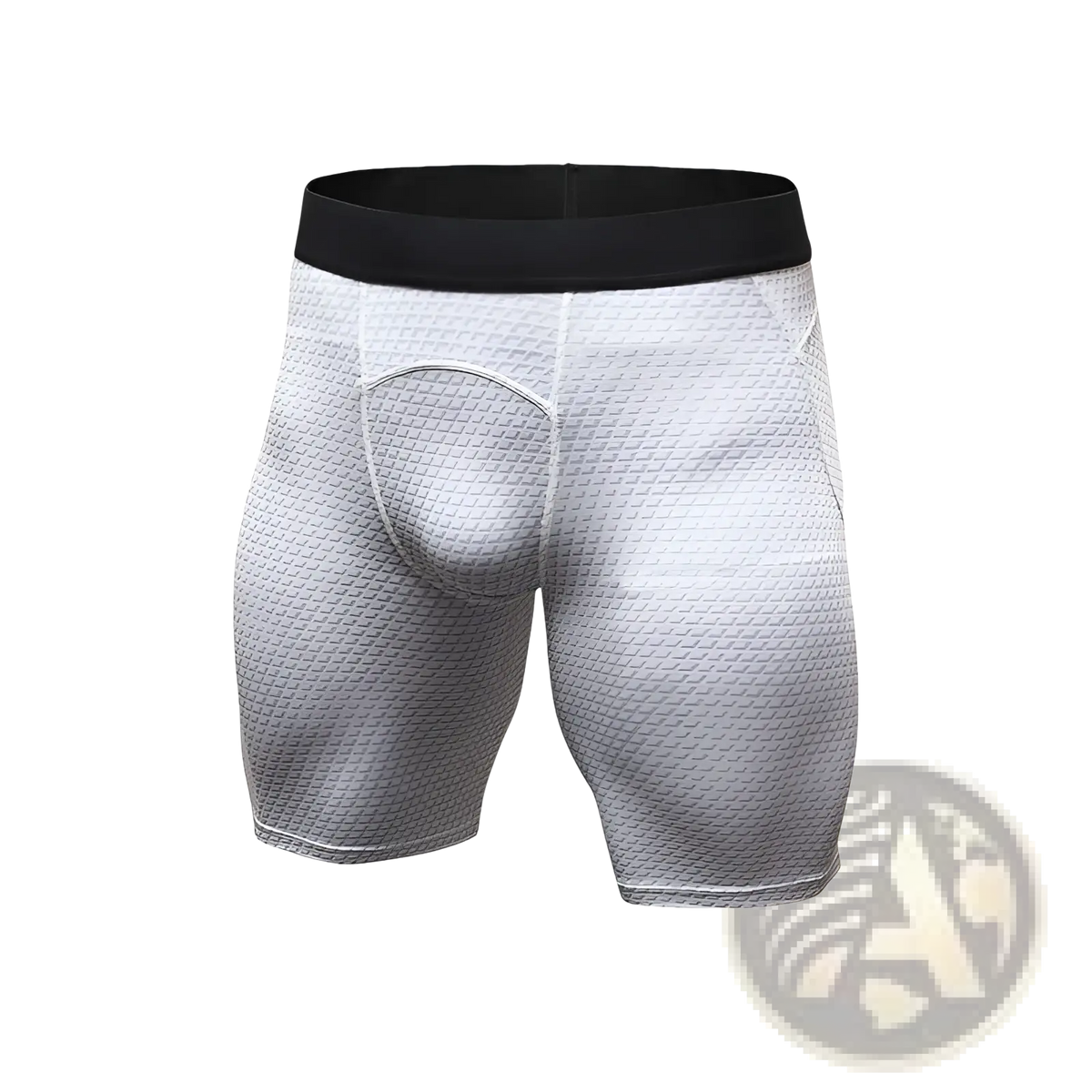 Gray textured compression gym shorts with a black waistband designed for athletic performance and support