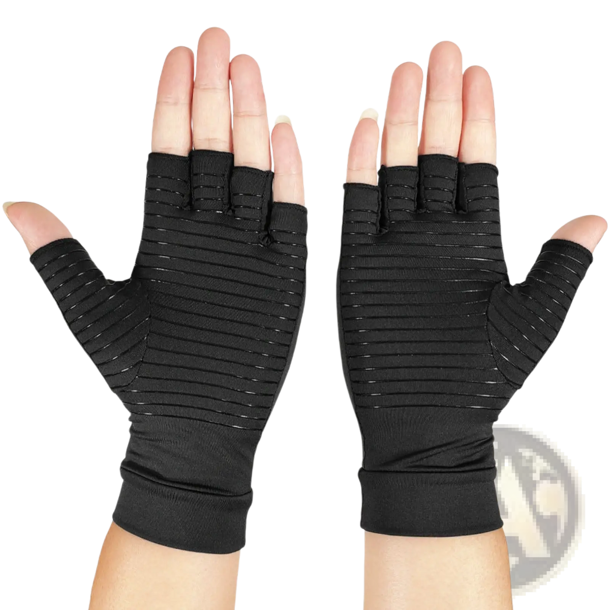 Black fingerless compression riding gloves with wrist support ribbed texture and subtle white stitching on the back side