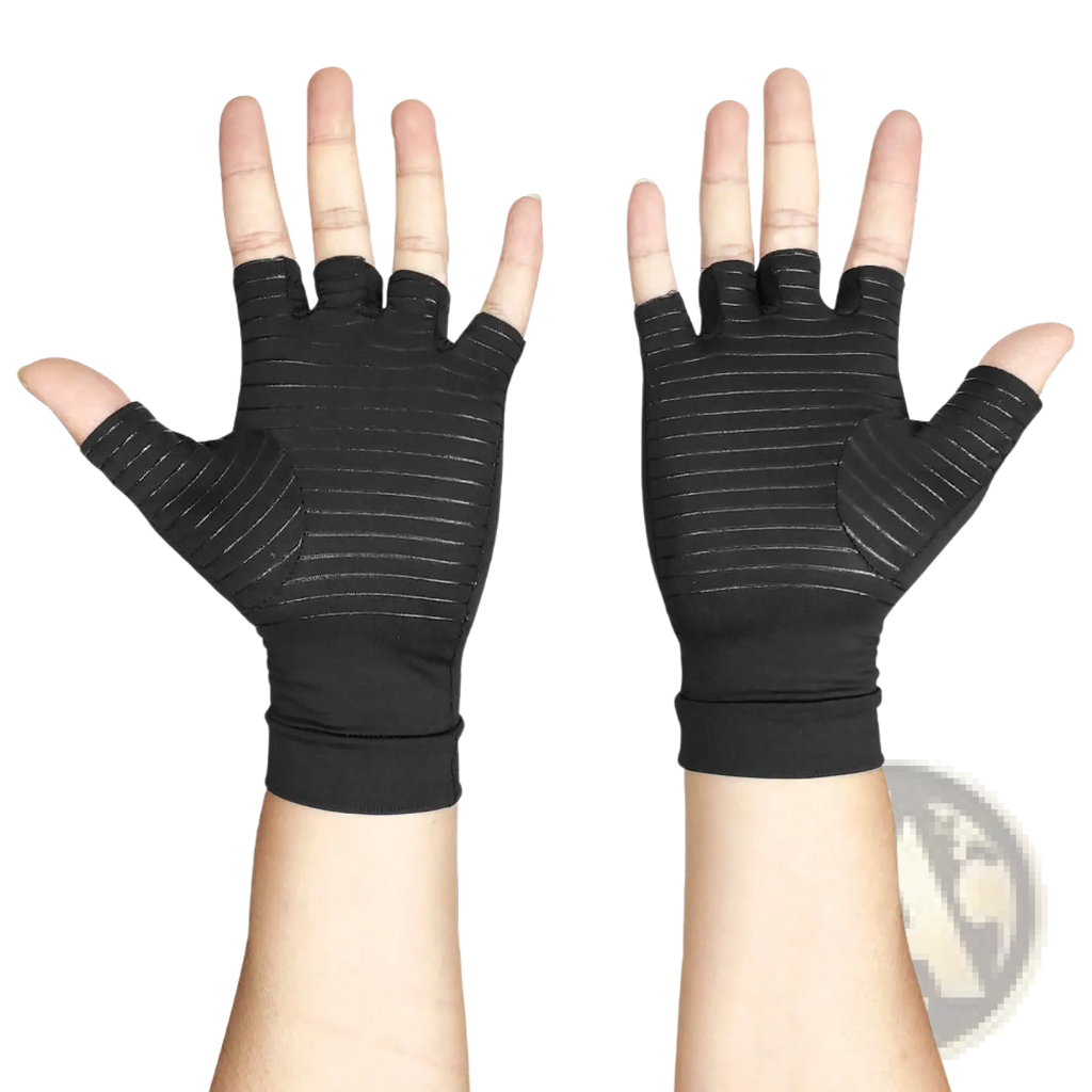 Black fingerless compression riding gloves with wrist support featuring ribbed texture and reinforced palm padding backside