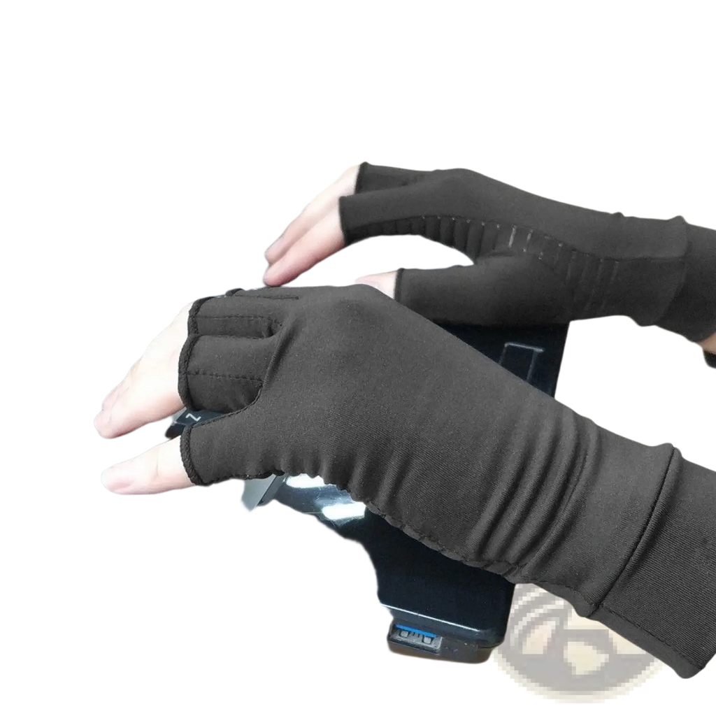 Black fingerless compression riding gloves with stretchy fabric and reinforced wristband shown from the back side