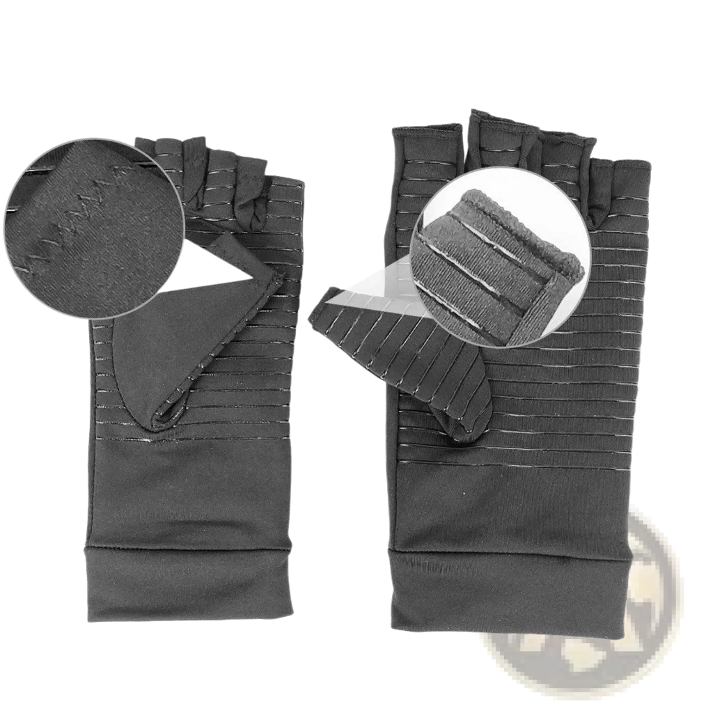 Black fingerless compression riding gloves with ribbed texture and reinforced stitching showing the back side