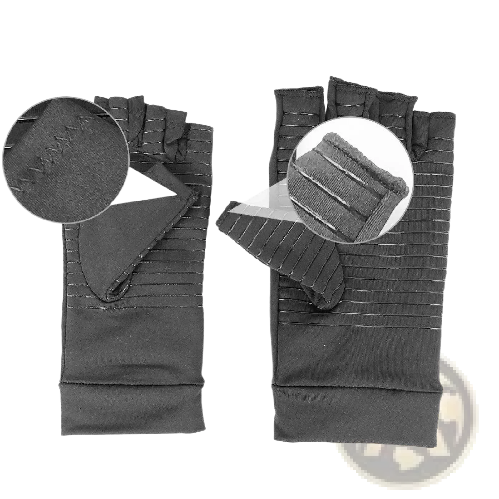 Black fingerless compression riding gloves with ribbed texture and reinforced stitching showing the back side