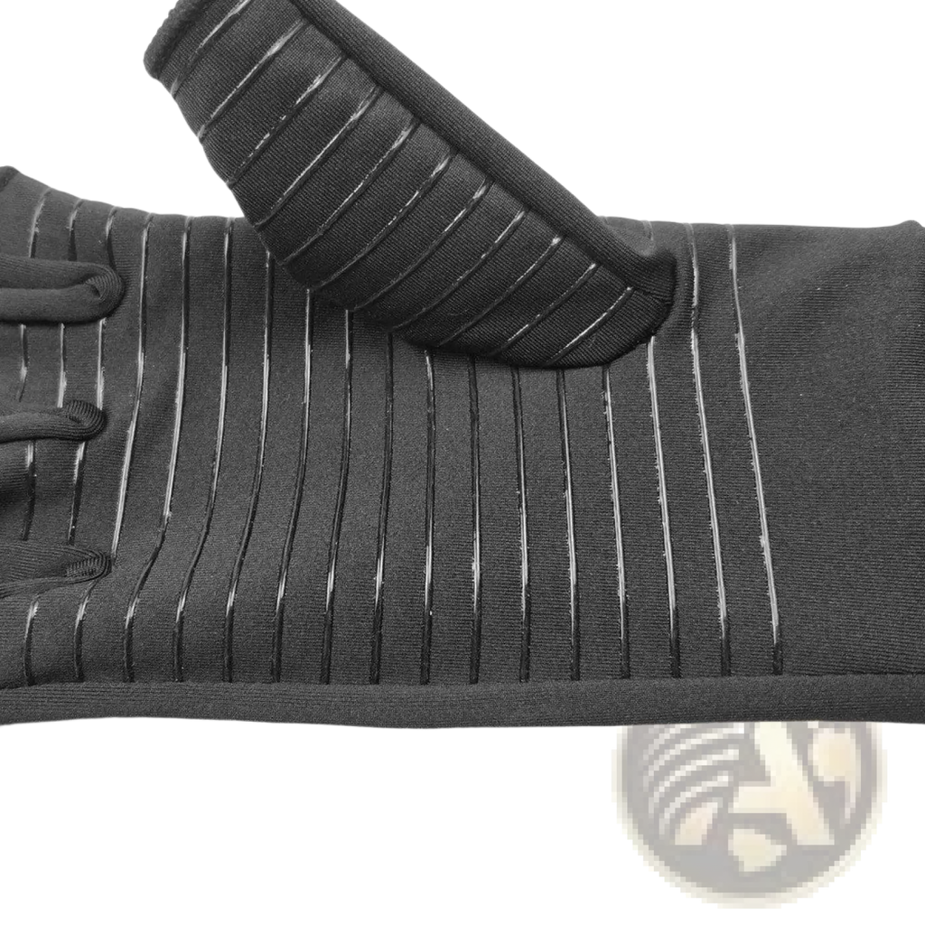 Black ribbed compression riding gloves with reinforced wrist support and elasticized cuffs shown from the back side