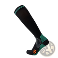 Black compression soccer socks with teal and orange accents and a textured footbed pattern for athletic use