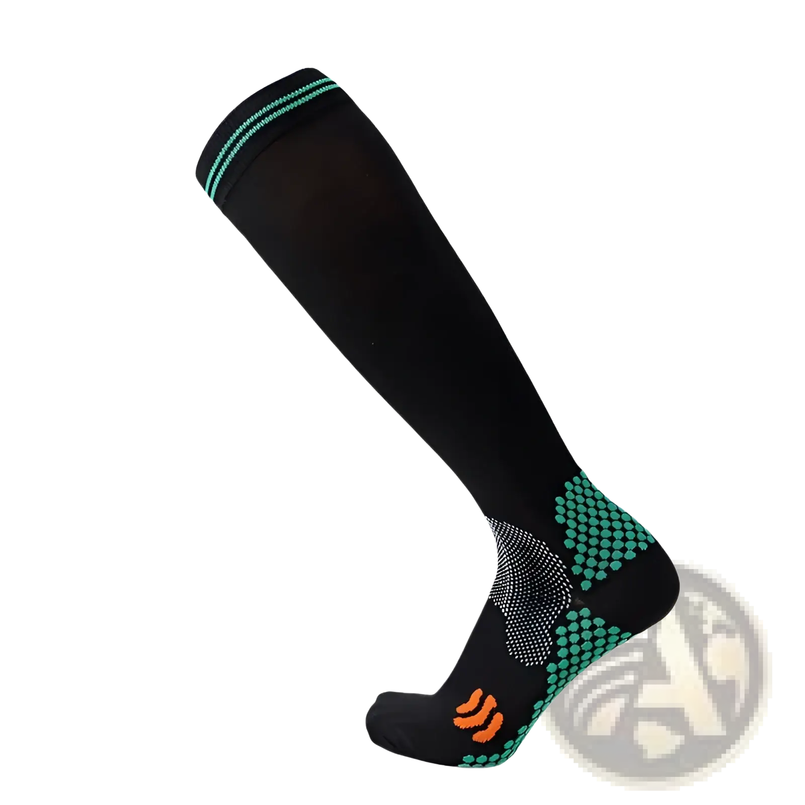 Black compression soccer socks with teal and orange accents and a textured footbed pattern for athletic use