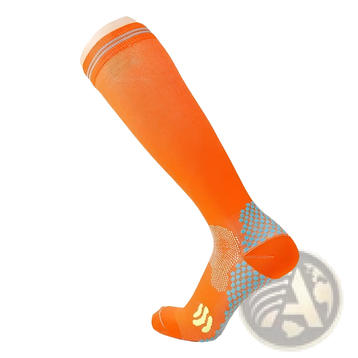 Bright orange compression soccer socks with light blue textured foot patterns and white gray striped cuff