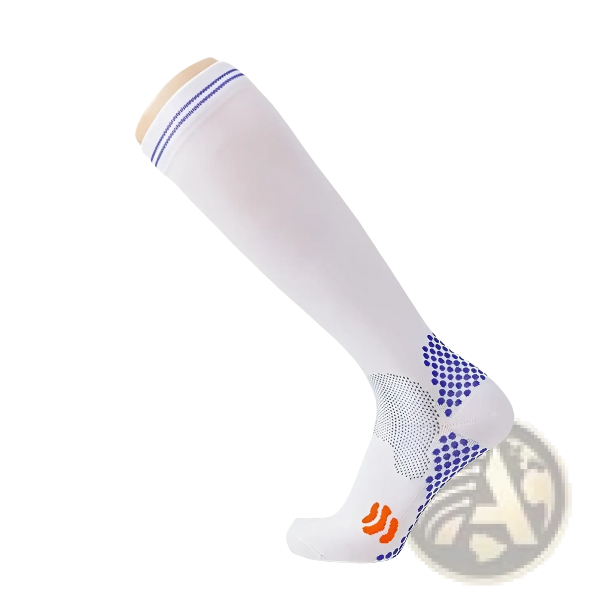 Compression soccer socks athletic leggings in white with blue and orange accents and textured grip on footbed