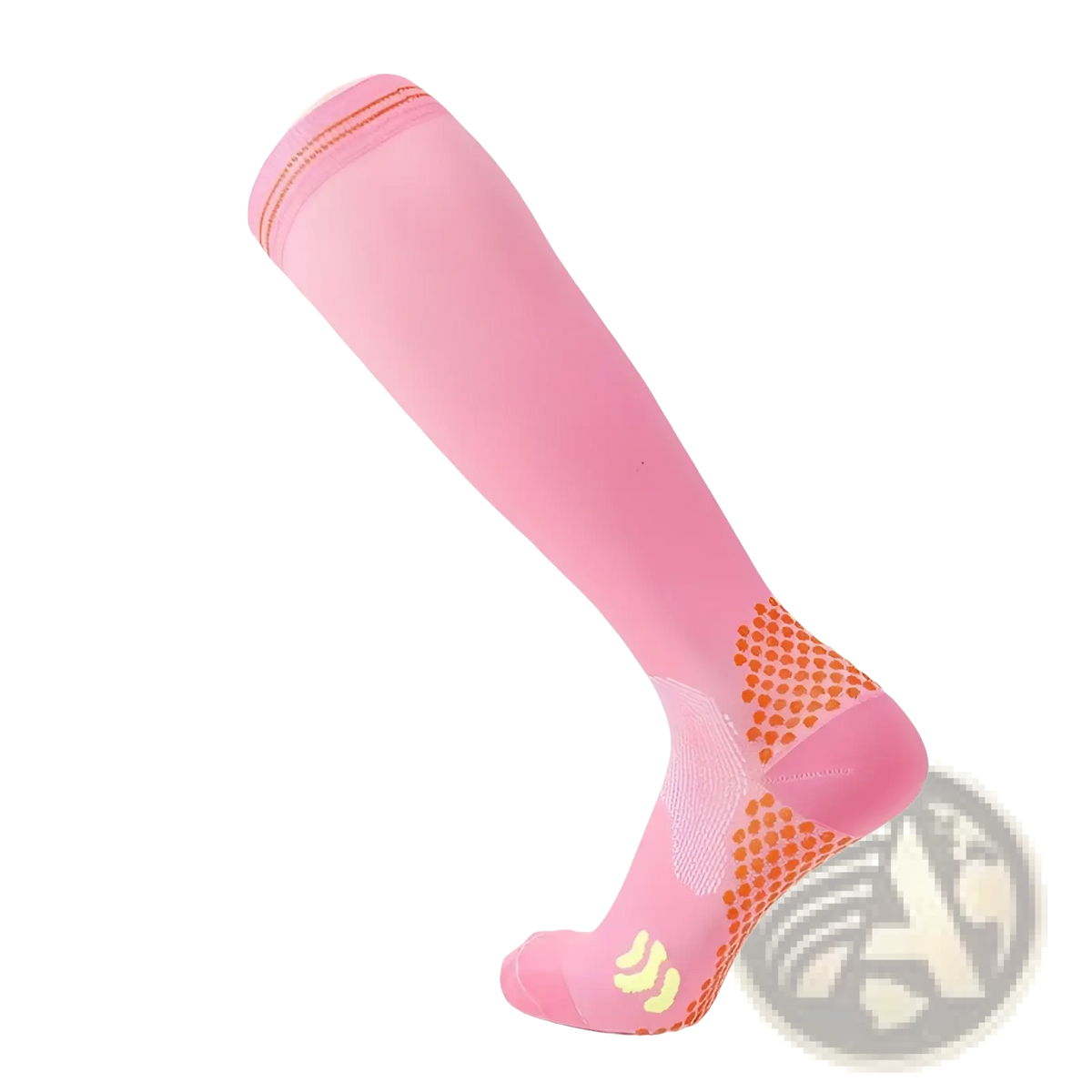 Pink compression soccer socks with orange grip patterns on heel and sole and yellow logo near toe for athletic use