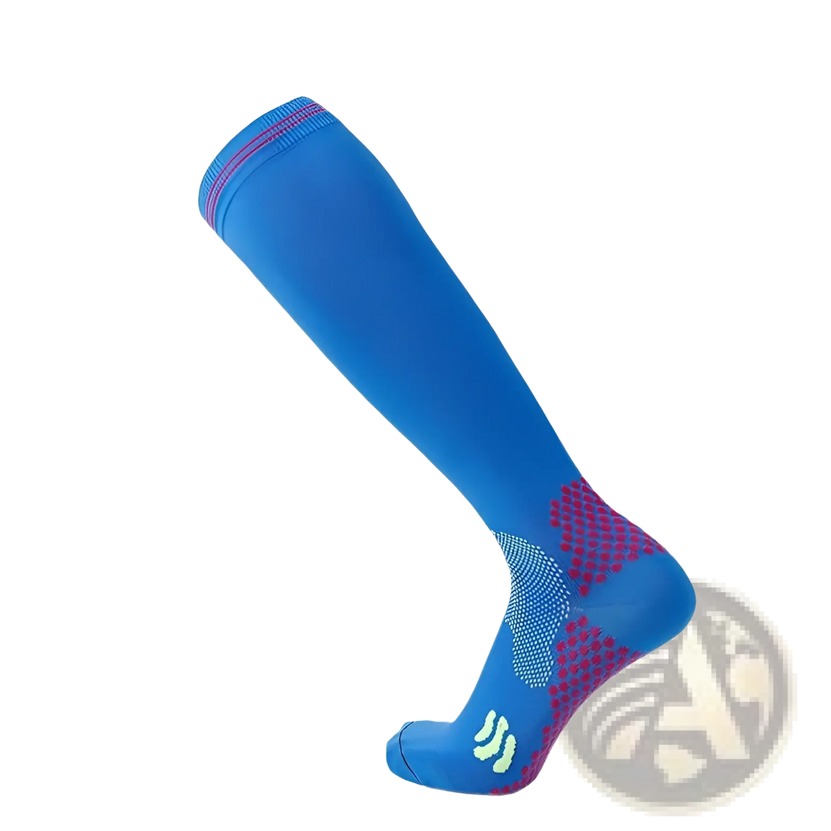 Bright blue compression soccer sock with magenta and light green accents featuring textured foot and heel pattern