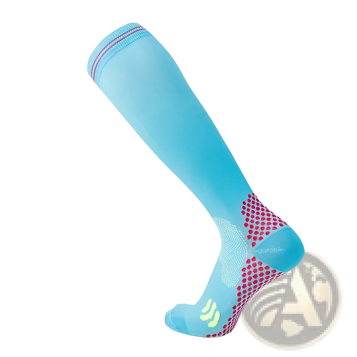 Light blue compression soccer socks with pink dot patterns and a purple stripe at the top cuff for athletic use