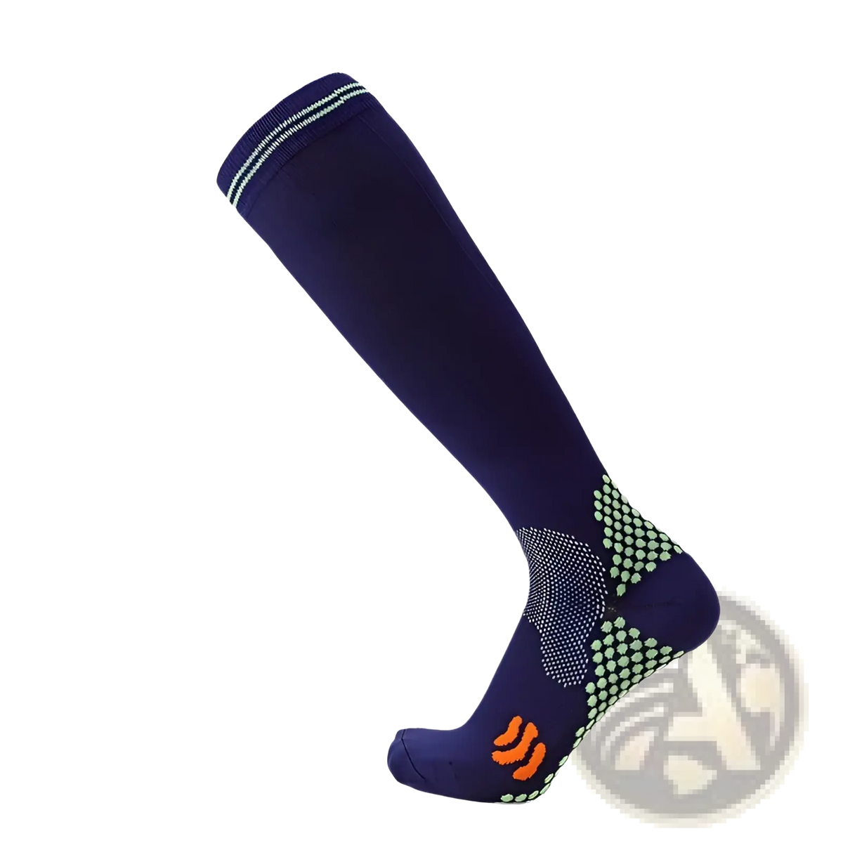 Compression soccer socks navy blue with light green and orange accents textured grip on sole and heel