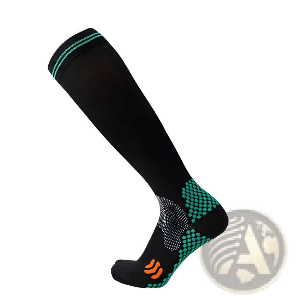 Black athletic compression soccer sock with teal and orange accents and textured foot and ankle pattern