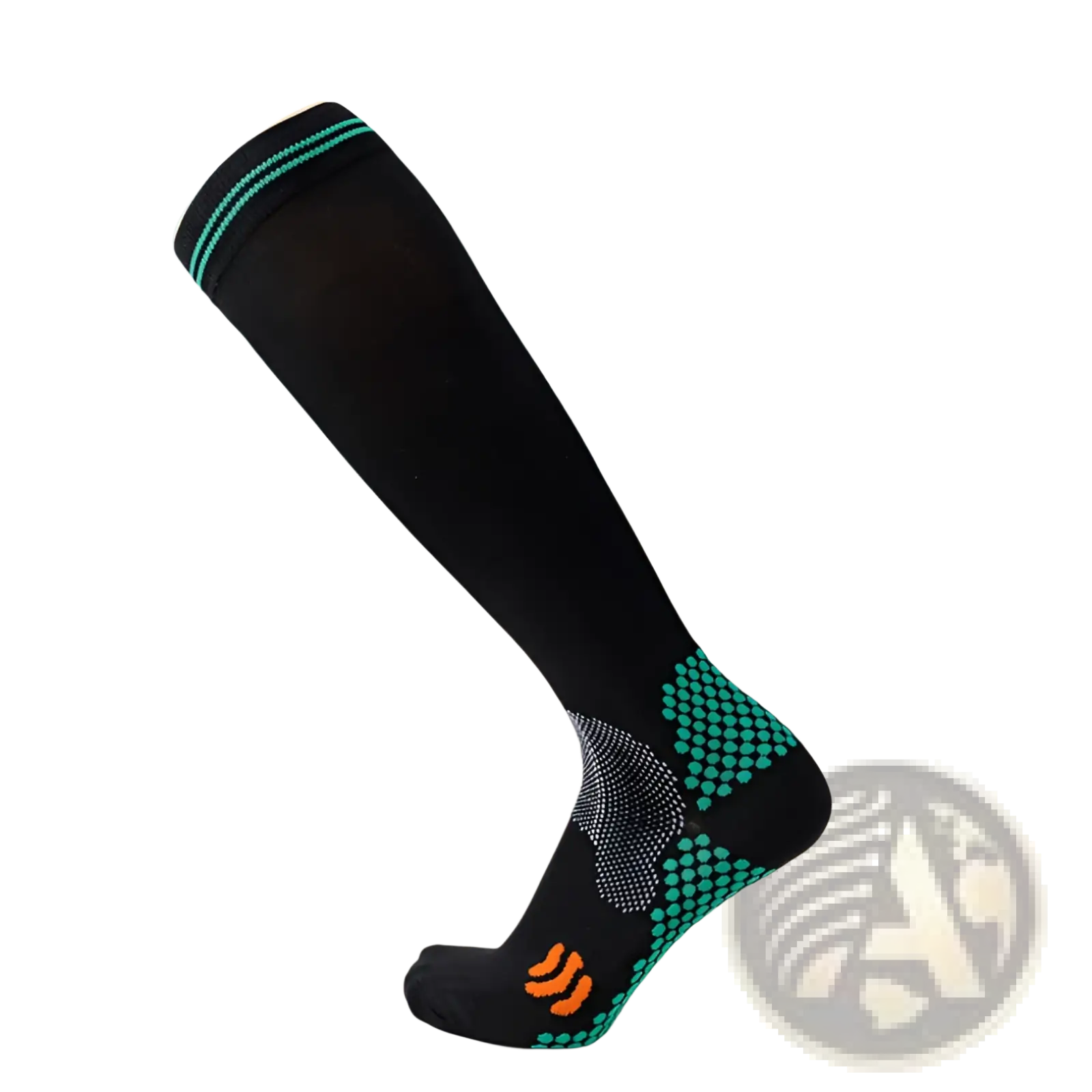Black athletic compression soccer sock with teal and orange accents and textured foot and ankle pattern
