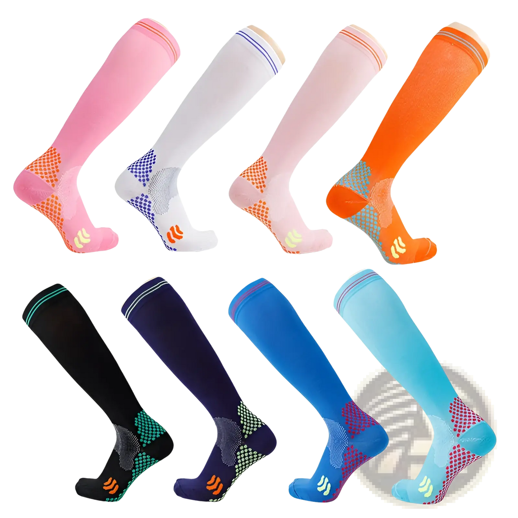 A collection of colorful compression soccer socks with patterned foot design and small logo near the toe for athletic use