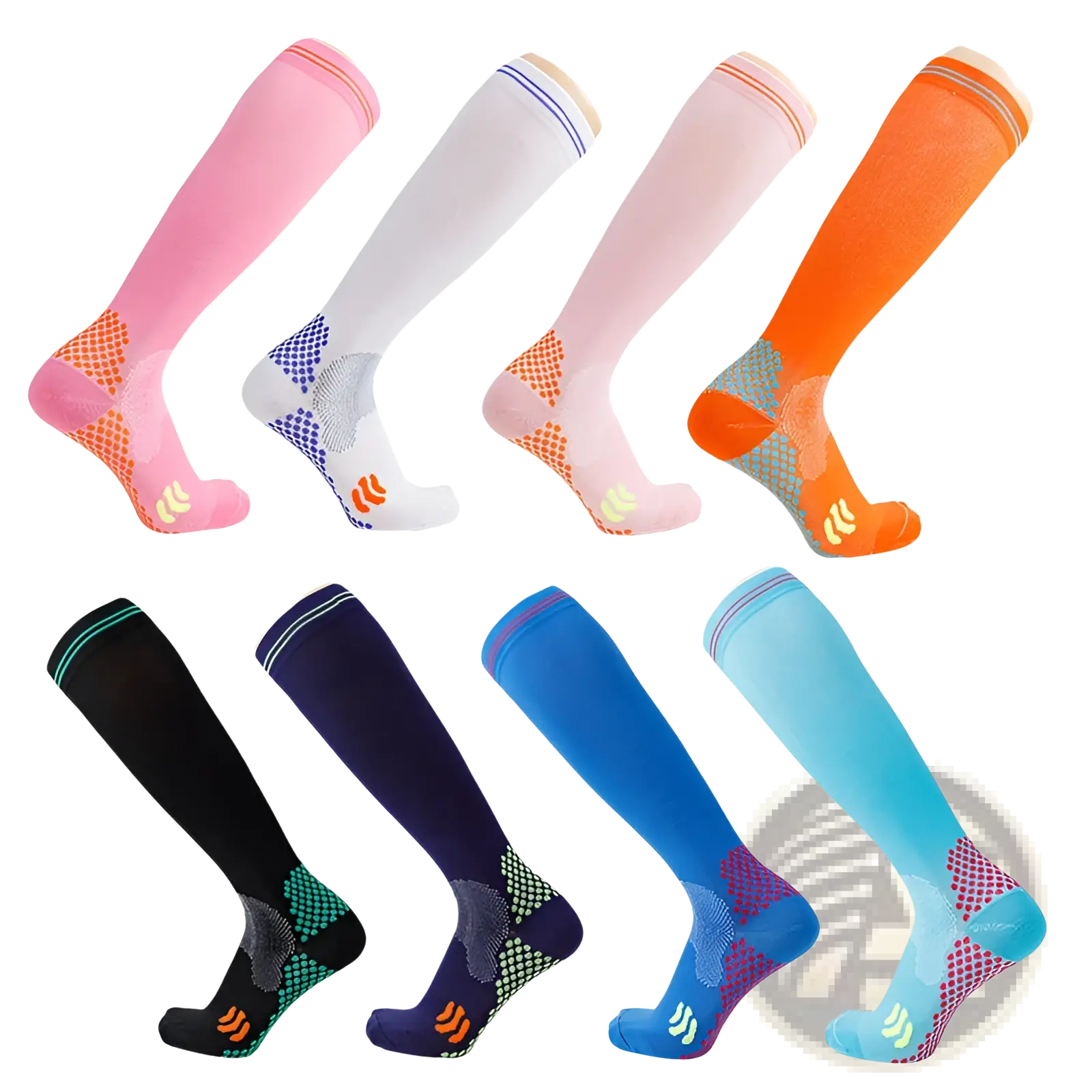 A collection of colorful compression soccer socks with patterned foot design and small logo near the toe for athletic use