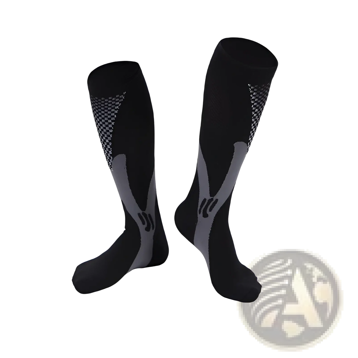 Black and gray compression soccer socks with checkered upper leg pattern and sleek athletic design for performance use