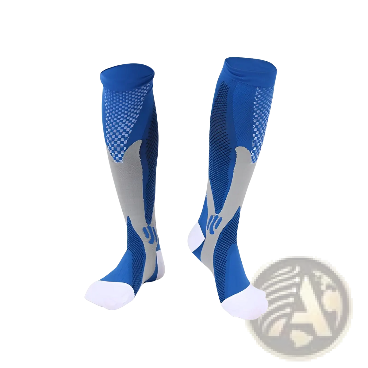 Blue and gray compression soccer socks with white toe caps featuring breathable mesh design for athletic use