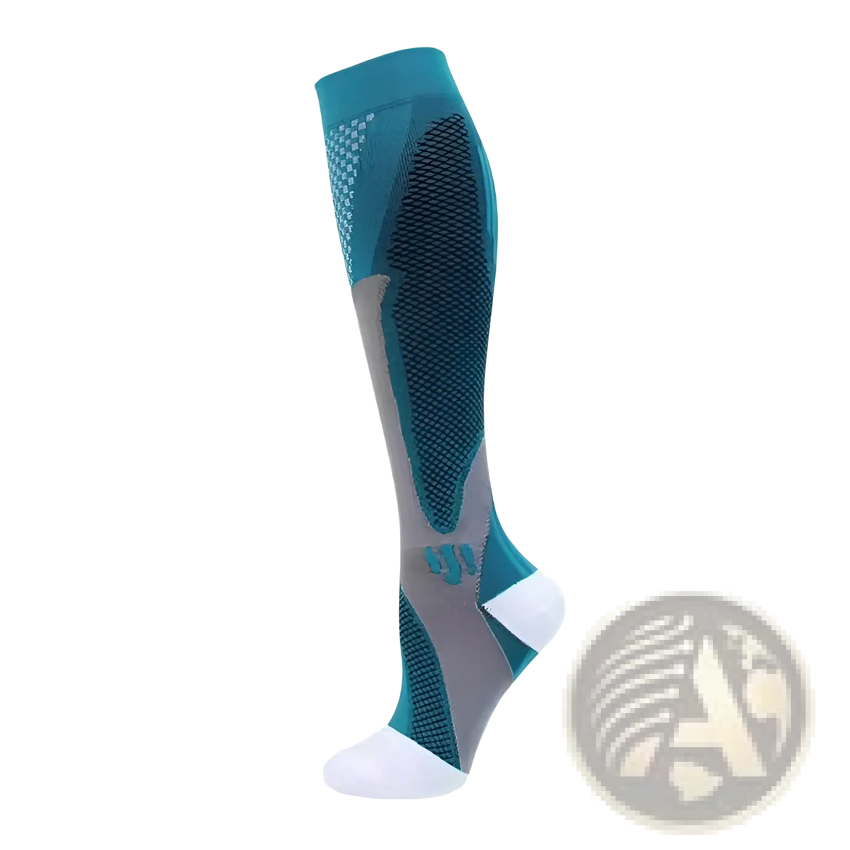 Teal and gray compression soccer socks with breathable mesh panels white toe and heel featuring subtle ankle logo