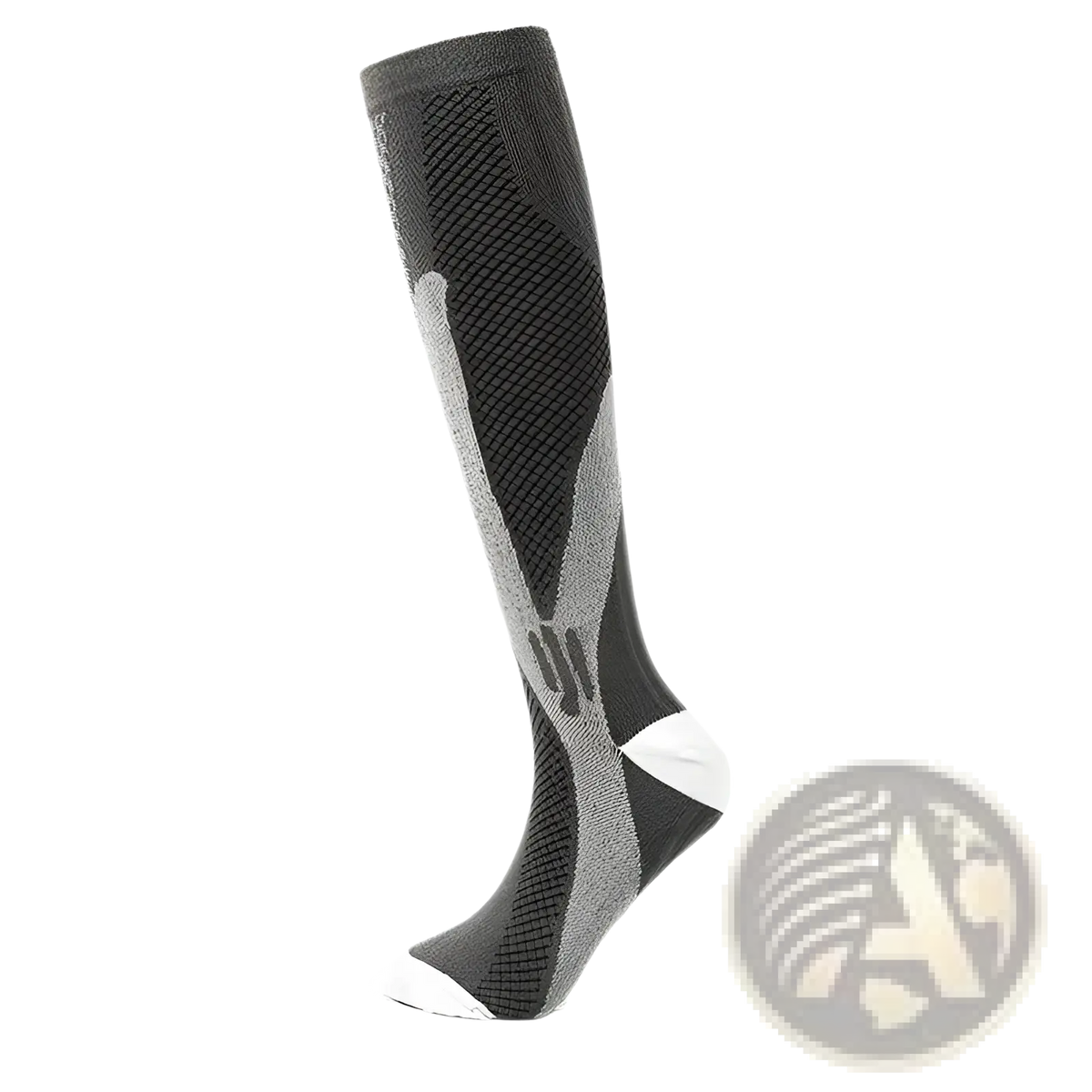 Dark gray compression soccer socks with textured knit pattern light gray geometric stripes and white toe and heel accents