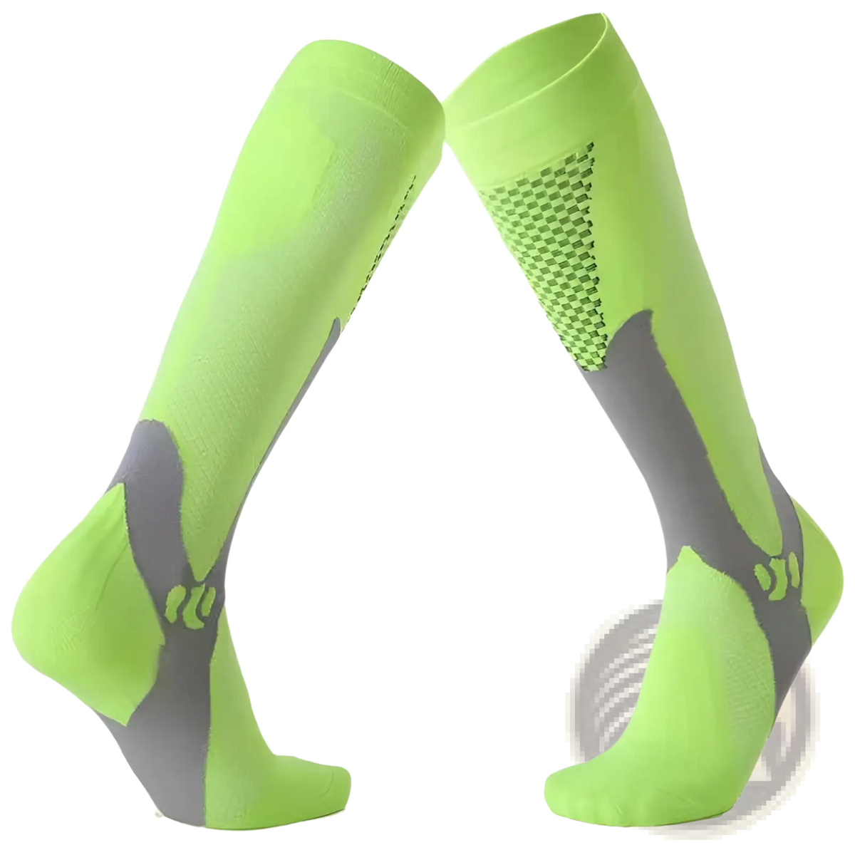 Bright neon green and gray compression soccer socks with breathable mesh panel designed for athletic use