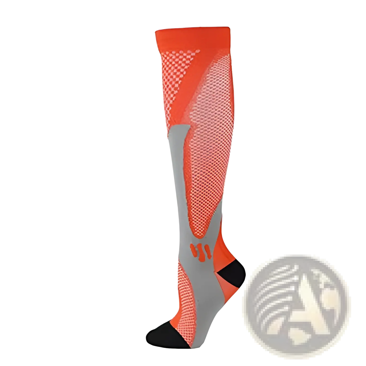 Bright orange and gray compression soccer socks with black toe heel breathable mesh design for athletic use